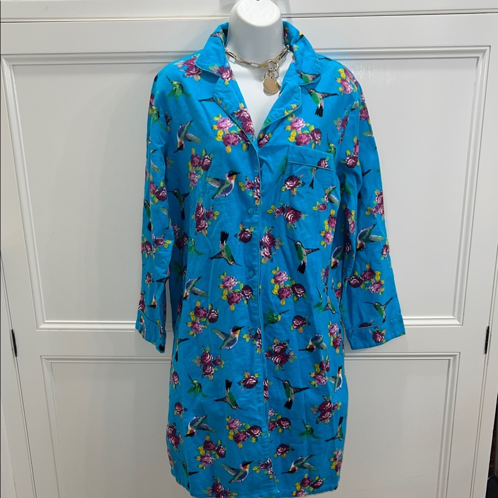 La Cera Nightgown 🕊️💋🍒Vibrant Blue Floral and Bird Print Coat